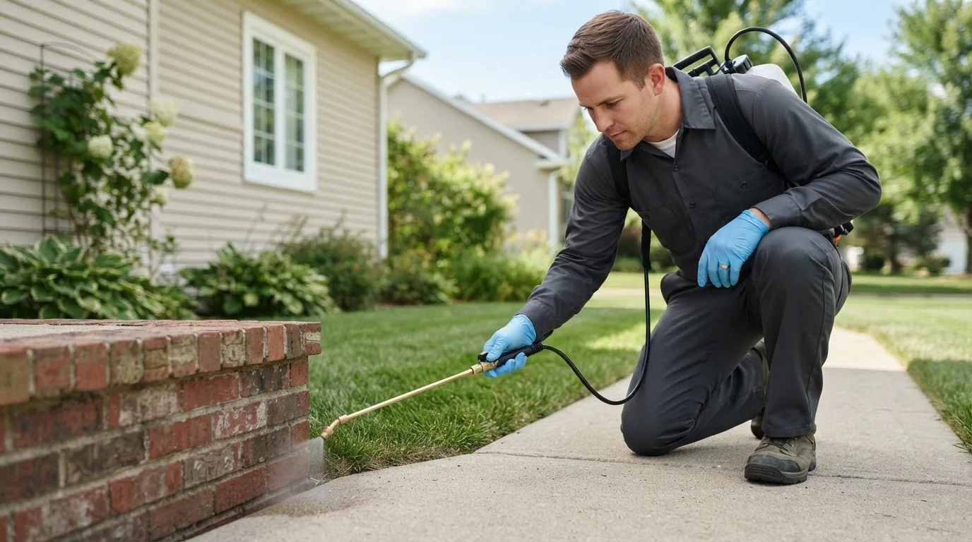 Pest control technician treating a home near Pennock, MN