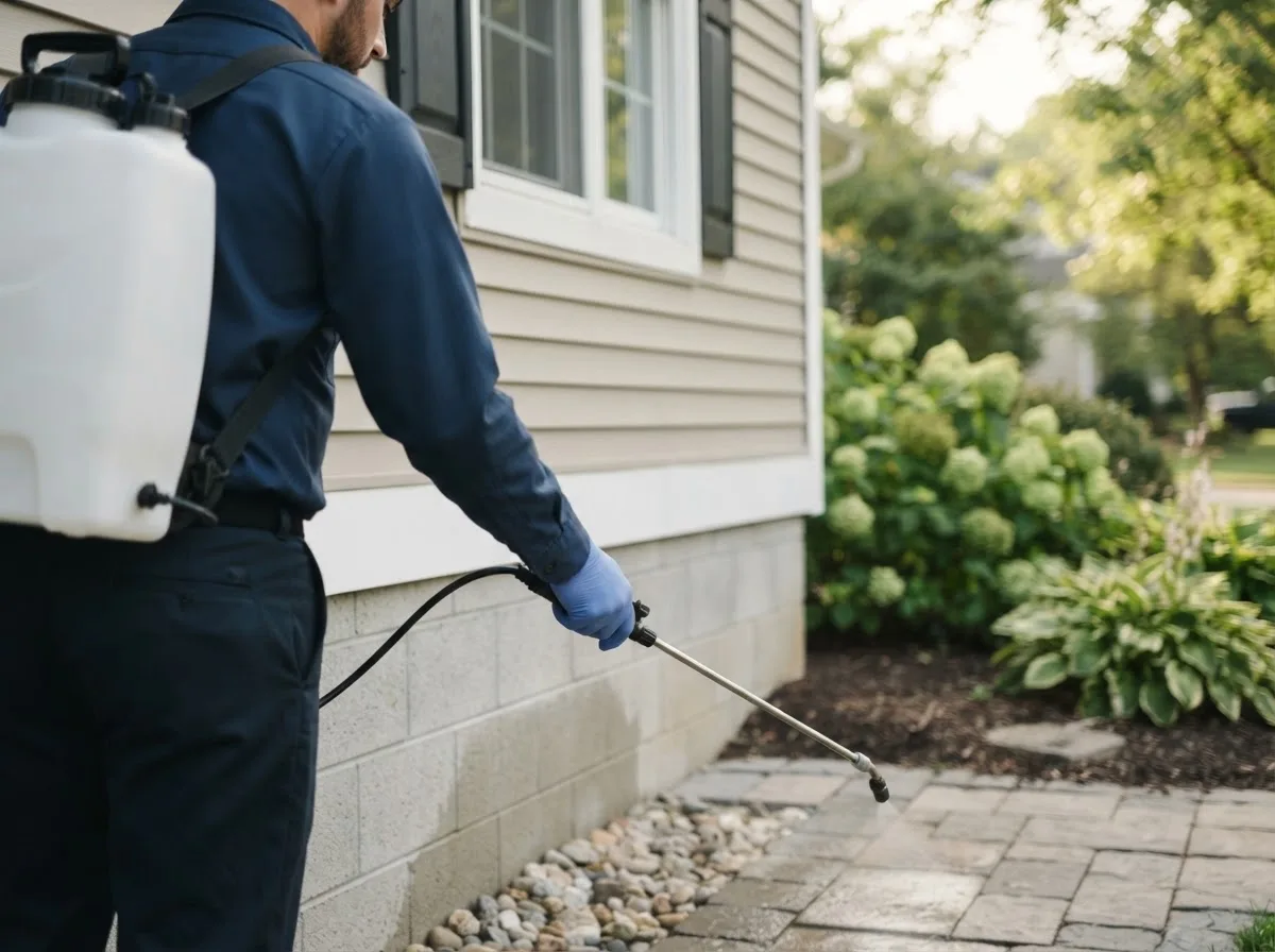 Pest control technician inspecting a home in Pennock, MN